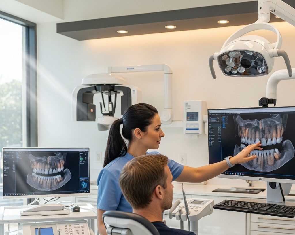 Dentist in Edmonton showing 3D digital scan of a patient’s teeth during full mouth restoration consultation at Pearly Dental.