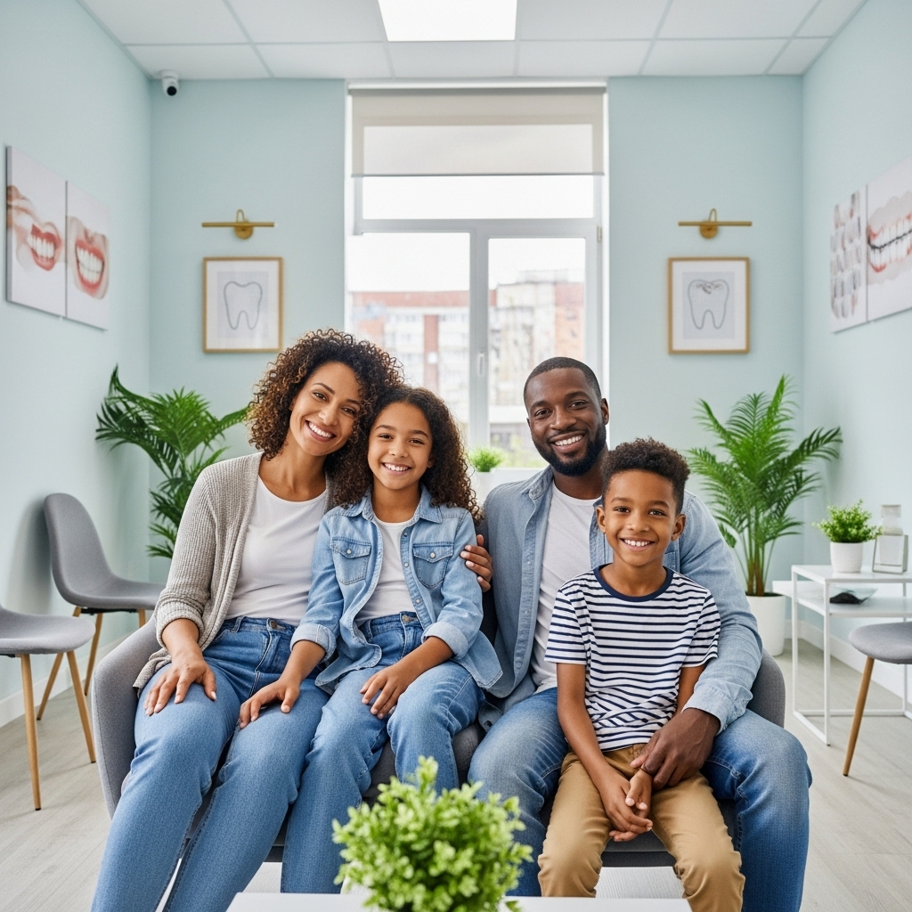 New Edmonton family smiling at a dental clinic, representing affordable and accessible dental care.